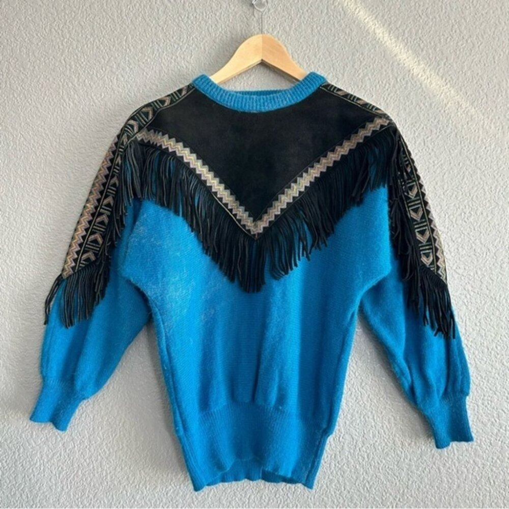 Blue & Black Western Style Fringe Sweater